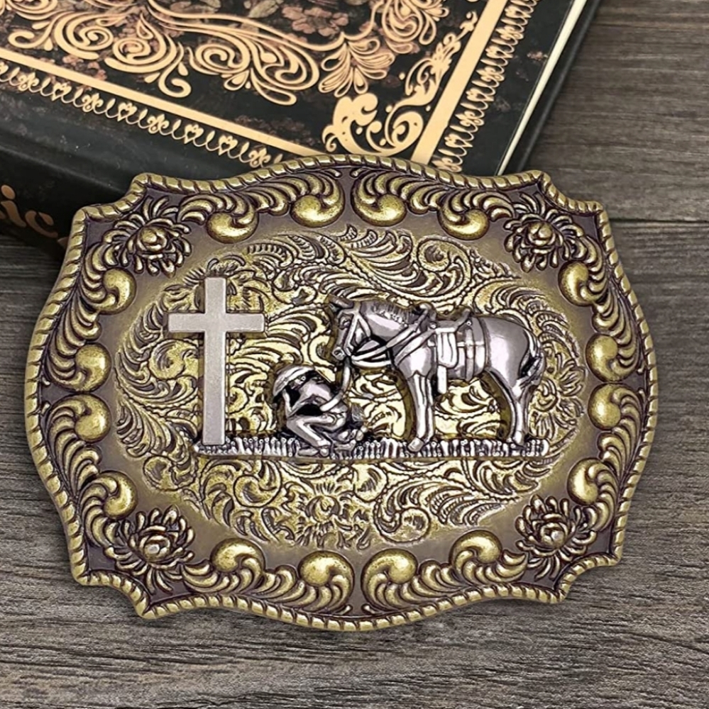 New Faith Horse and cowboy praying at cross Belt buckle
